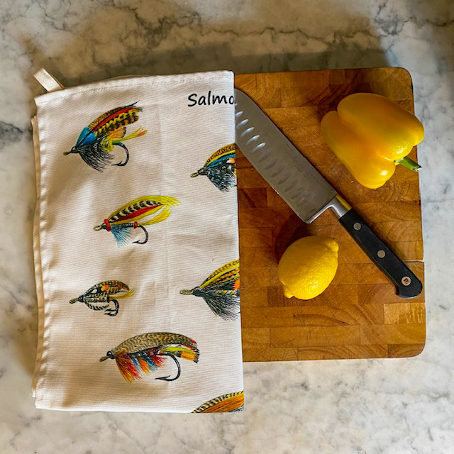 Salmon fly tea towel