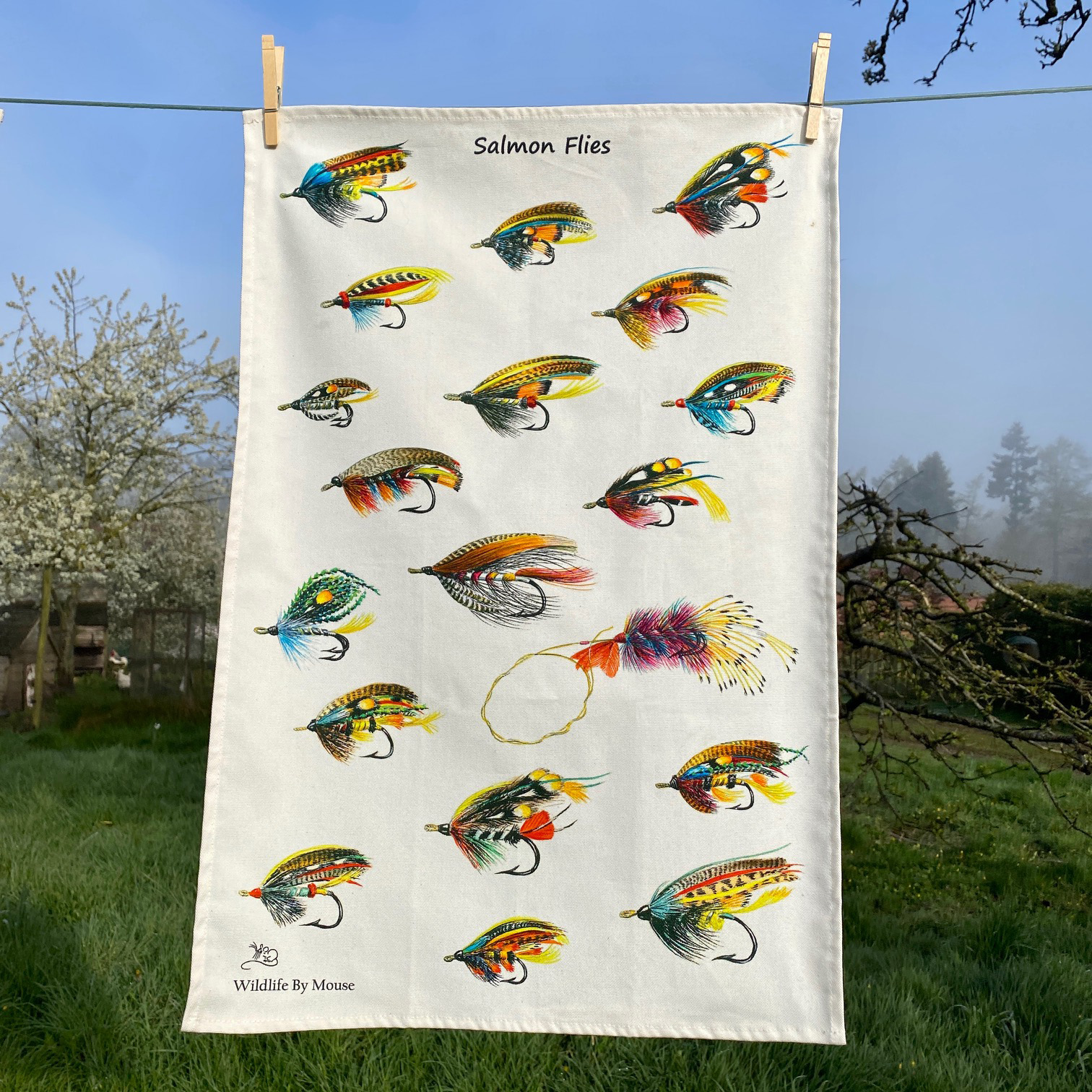 Salmon fly tea towel, salmon fly, salmon flies, sighing flies, tea towel, tea, washing up, drying up. wildlife by mouse, mouse, kitchen, homeware, decoration, household, gift, MM332TT