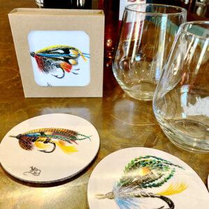 Set of six round Salmon Fly Coasters