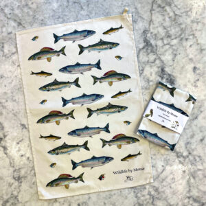 Game fish tea towel Salmon, sea trout, brown trout, grayling & fly. Anglers and fly fishermen fisherwomen