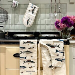 Set of oven gloves, apron & tea towel, with Salmon, sea trout, grayling and brown trout