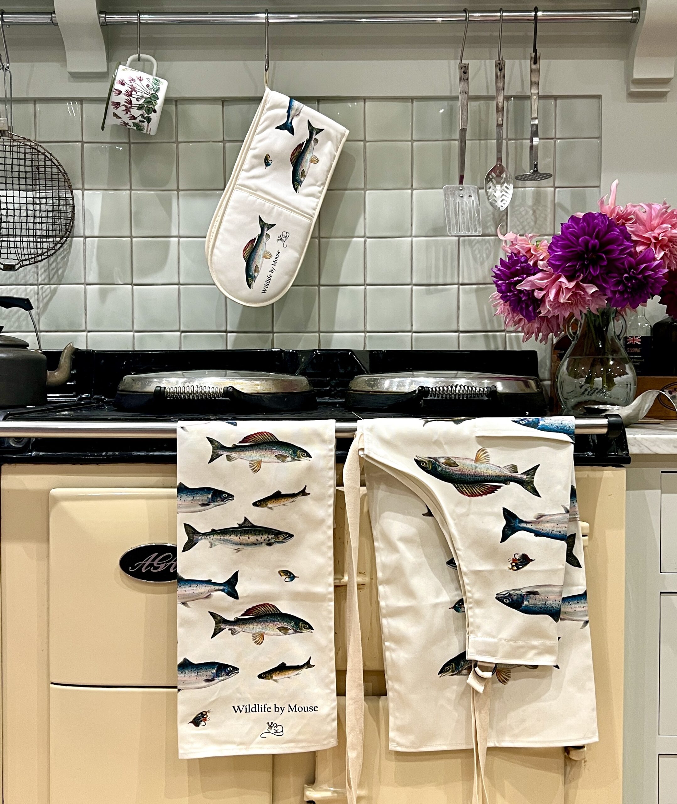Set of oven gloves, apron & tea towel, with Salmon, sea trout, grayling and brown trout