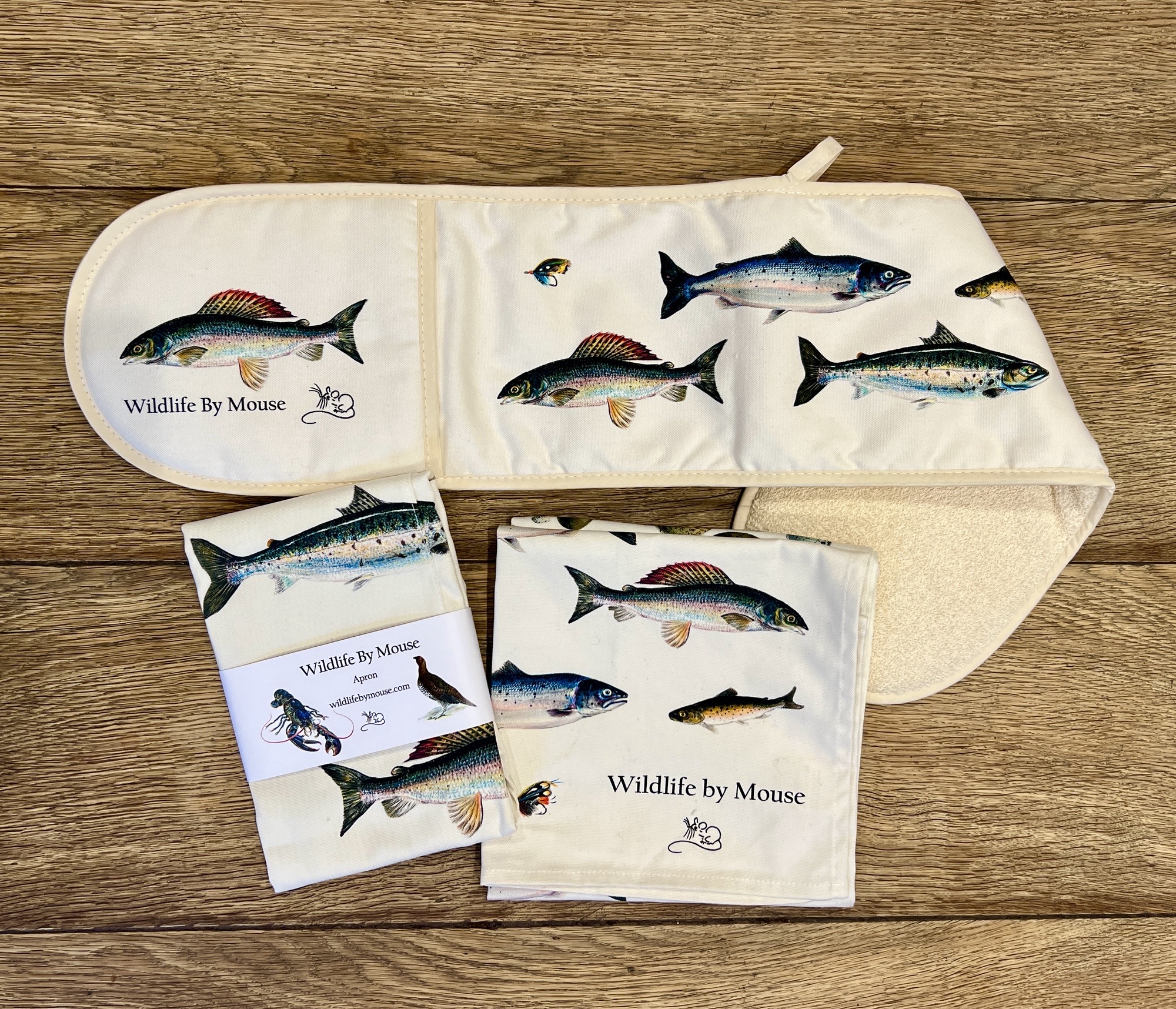 et of oven gloves, apron & tea towel, with Salmon, sea trout, grayling and brown trout