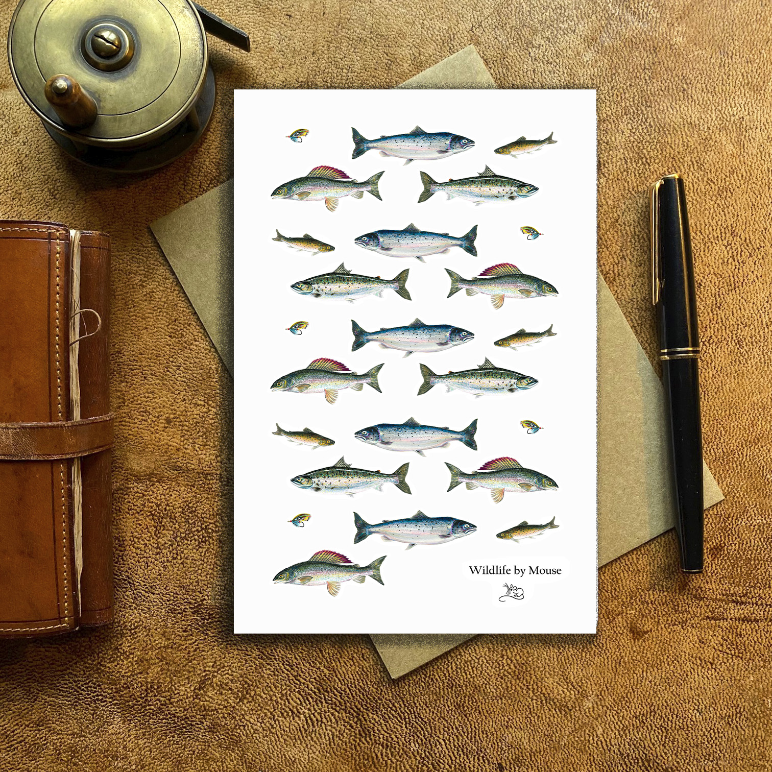 Game fish greetings card Salmon, sea trout, brown trout. grayling