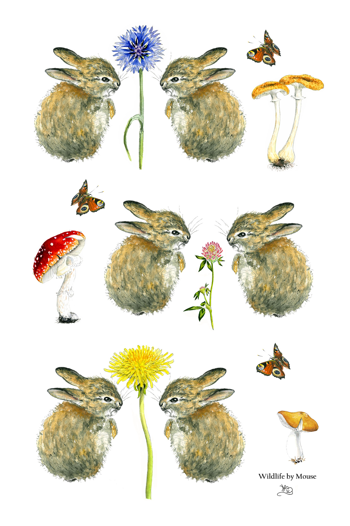 Baby bunny rabbit tea towel with wild flowers fungi and butterflies