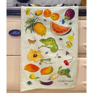 Tropical fruit, flowers, vegetables beetles and a chameleon