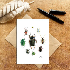 Dung beetle and other British beetles in a circle card